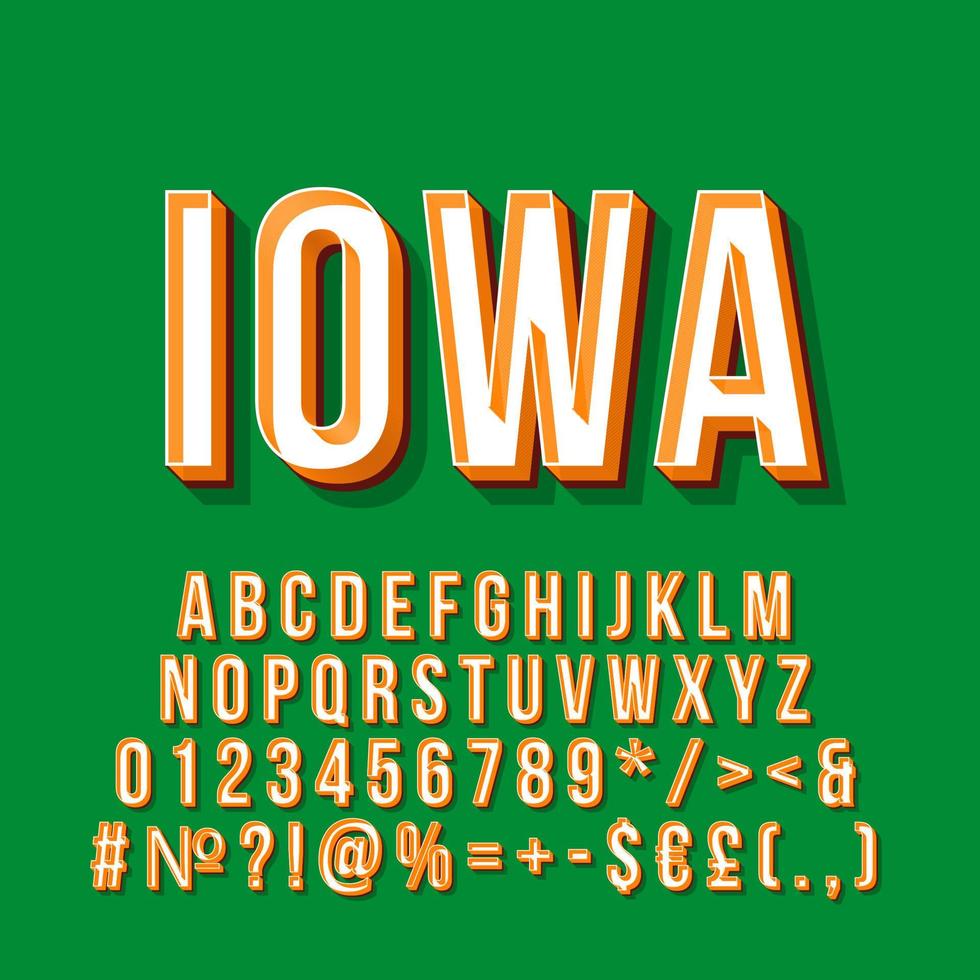 Iowa vintage 3d vector lettering. Retro bold font, typeface. Pop art stylized text. Old school style letters, numbers, symbols, elements pack. 90s, 80s poster, banner. Forest green color background