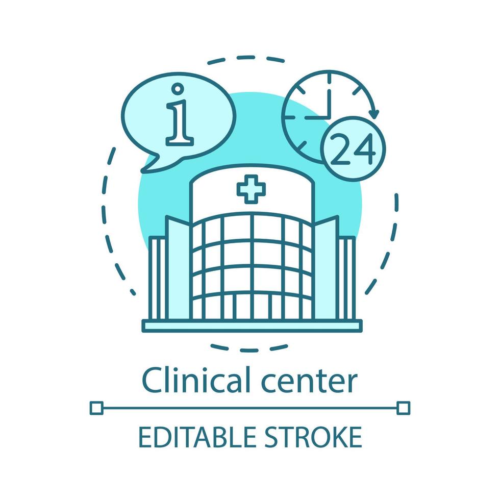 Clinical center concept icon. Medicine and healthcare idea thin line illustration. Hospital information system. Patient care and aid. 24 hours working. Vector isolated outline drawing. Editable stroke