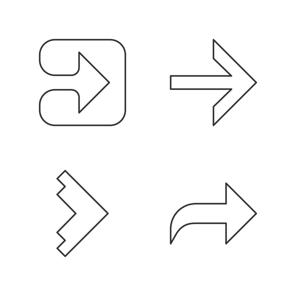 Arrow types linear icons set. Forward, right, curved and geometric arrows. Arrowhead indicating rightward. Next arrow. Thin line contour symbols. Isolated vector outline illustrations. Editable stroke