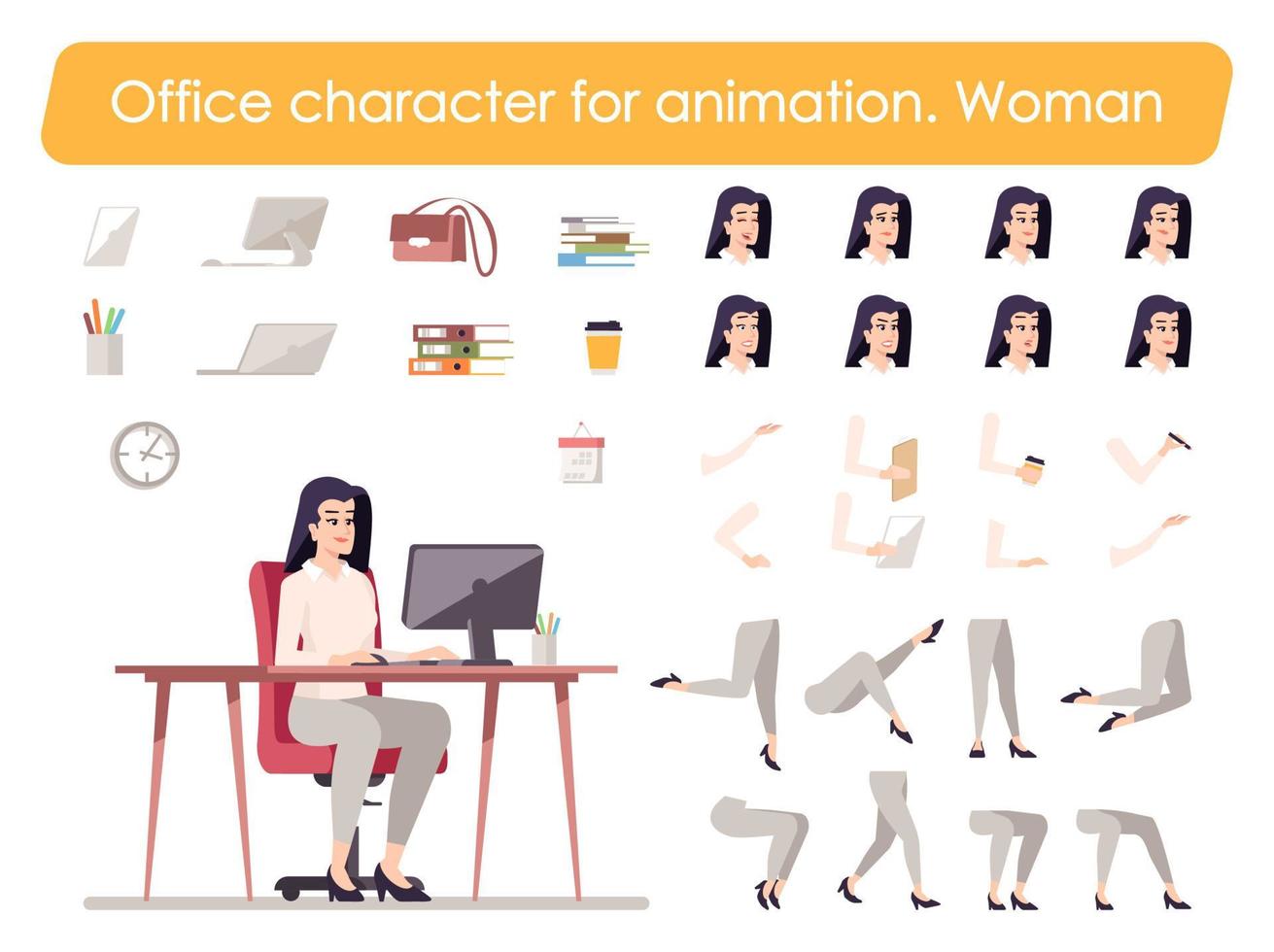 Business woman front view animated flat vector character design. Office manager, employee character animation creation cartoon set. Secretary constructor with various face emotion, gestures, legs kit