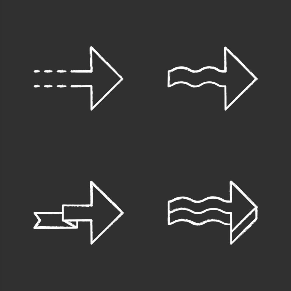 Forward arrows chalk icons set. Dotted, folding next, forward arrows. Rightward direction. Indicating arrowhead. Navigation symbol. Pointing sign. Motion. Isolated vector chalkboard illustrations