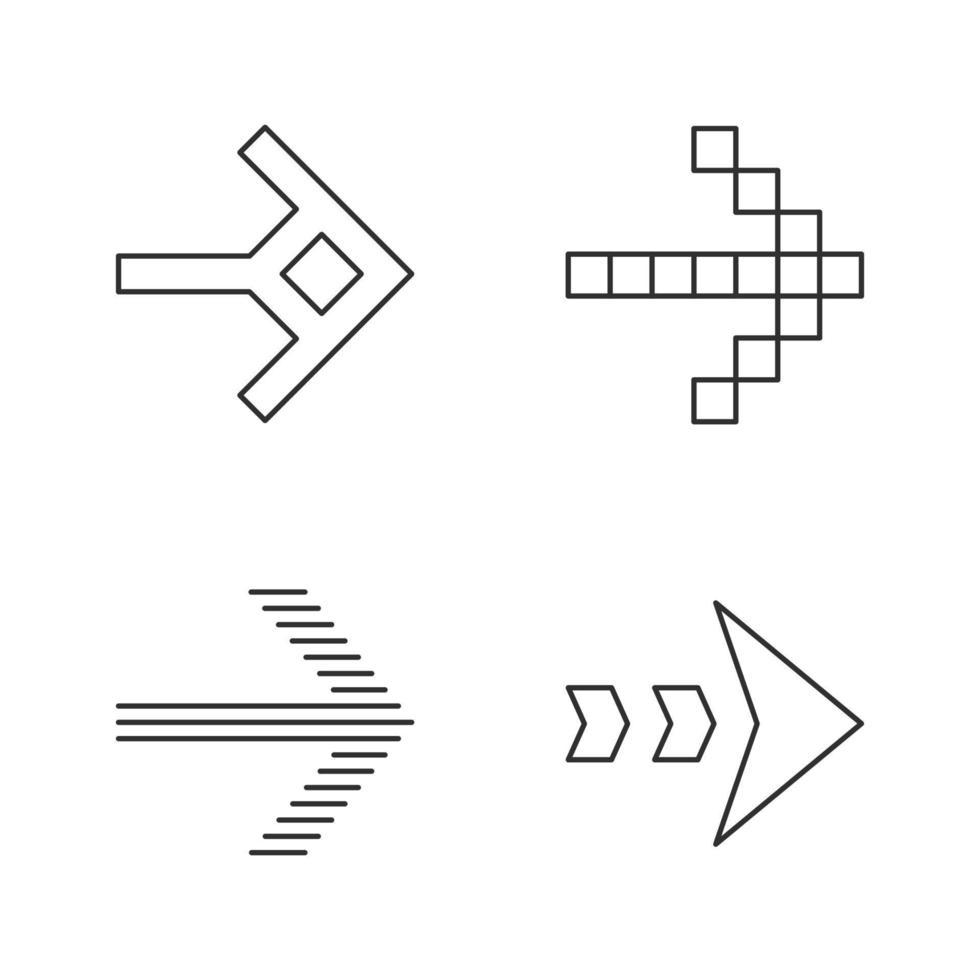 Arrow types linear icons set. Pixel, shaped, dashed, striped next, forward arrow. Arrowhead showing right direction. Thin line contour symbols. Isolated vector outline illustrations. Editable stroke