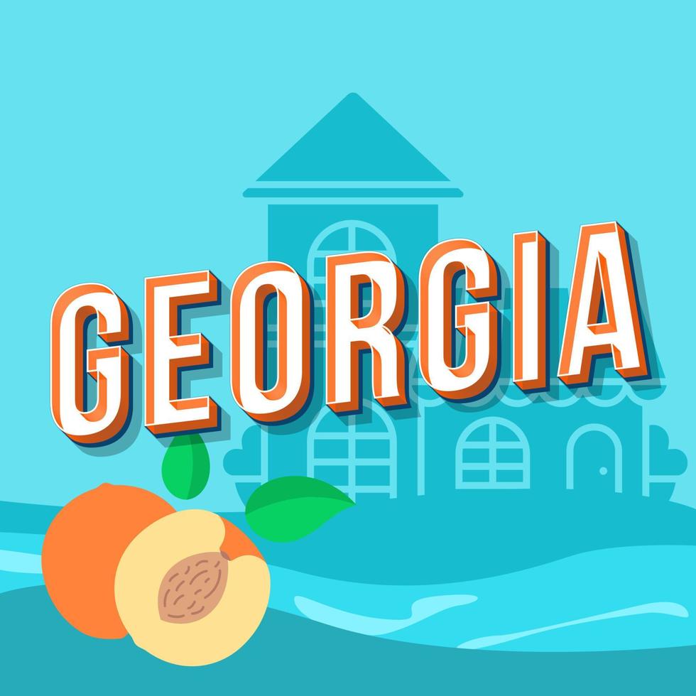 Georgia vintage 3d vector lettering. Retro bold font, typeface. Pop art stylized text. Old school style letters. 90s, 80s poster, banner. Peaches and country house baby blue color background