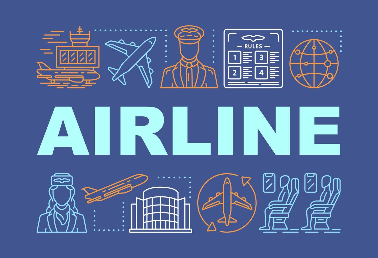 Airline word concepts banner. Tourism and travel. Cabin crew, passengers. Flying plane. Presentation, website. Isolated lettering typography idea with linear icons. Vector outline illustration