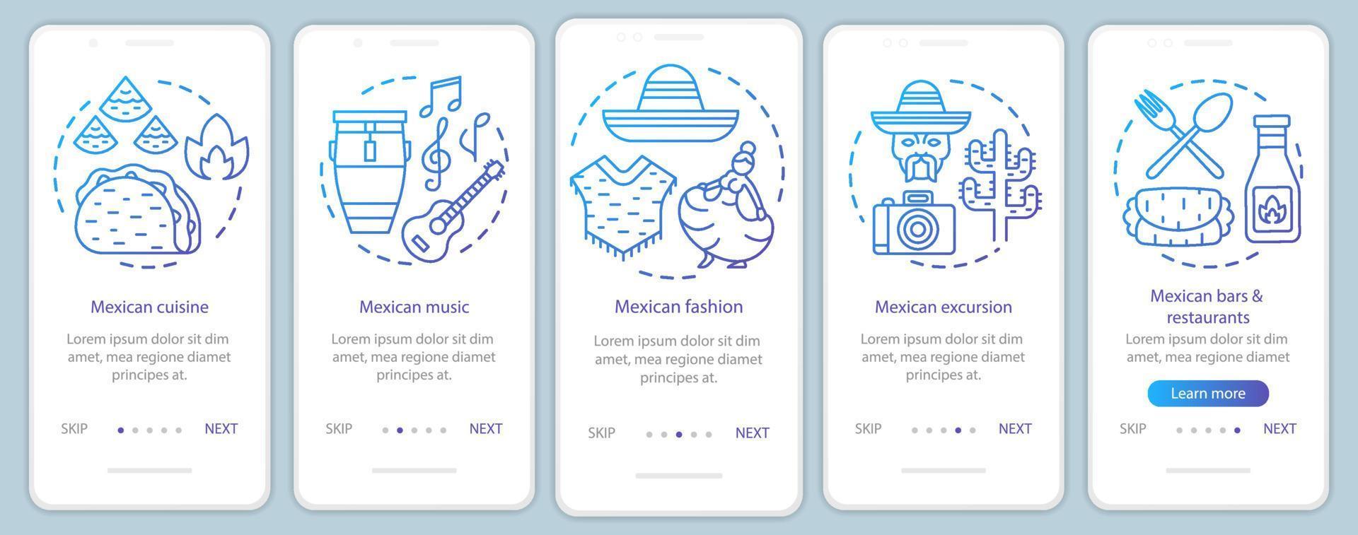 Mexican culture onboarding mobile app page screen vector template. Mexico traditions, holidays. Walkthrough website steps with linear illustrations. UX, UI, GUI smartphone interface concept