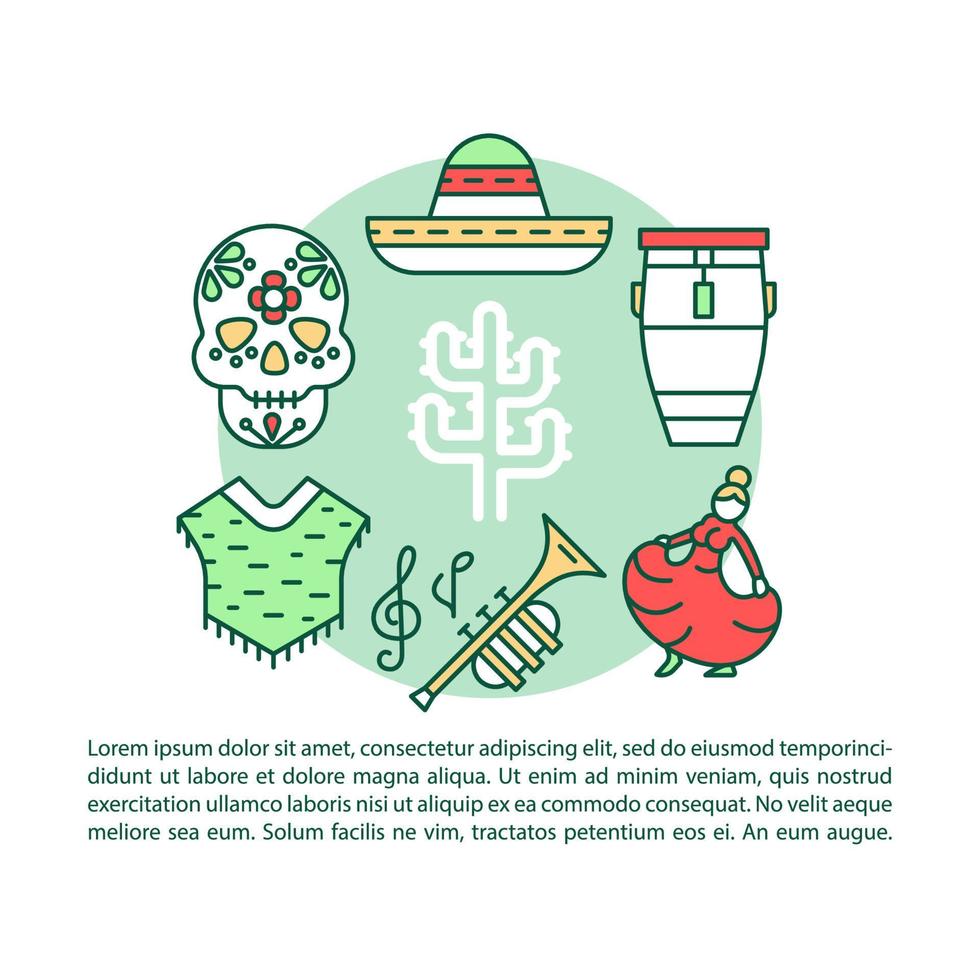 Mexican culture article page vector template. Mexico traditions. Brochure, magazine, booklet design element with linear icons and text boxes. Print design. Concept illustrations with text space