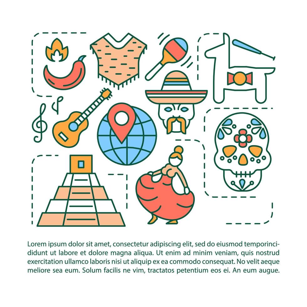 Mexican culture article page vector template. Travel to Mexico. Brochure, magazine, booklet design element with linear icons and text boxes. Print design. Concept illustrations with text space