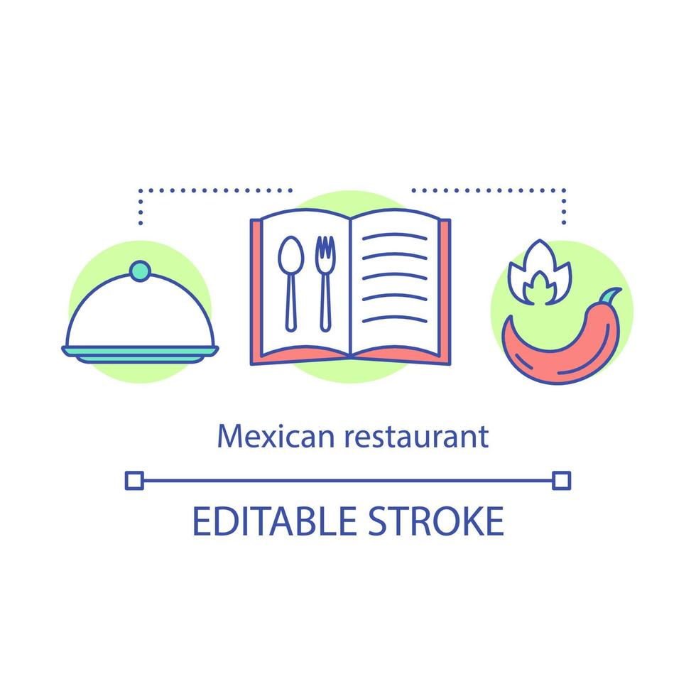 Mexican restaurant concept icon. Catering service. Cloch, menu, hot pepper. Spicy food eating house. Dining room idea thin line illustration. Vector isolated outline drawing. Editable stroke