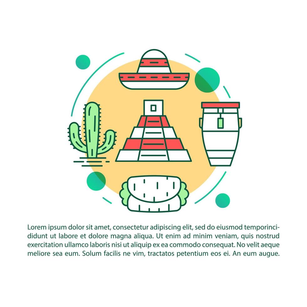 Plantilla de vector de página de artículo de cultura mexicana. viajar a mexico. folleto, revista, elemento de diseño de folleto con iconos lineales y cuadros de texto. diseño de impresión. ilustraciones de concepto con espacio de texto