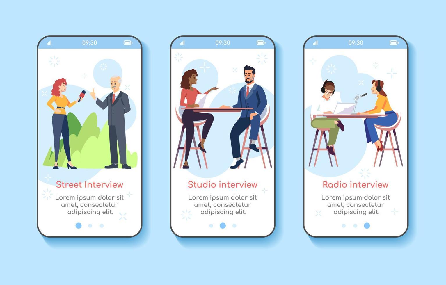 Journalism and press onboarding mobile app screen vector template. Street, studio, radio interviews. Walkthrough website steps with flat characters. UX, UI, GUI smartphone cartoon interface concept