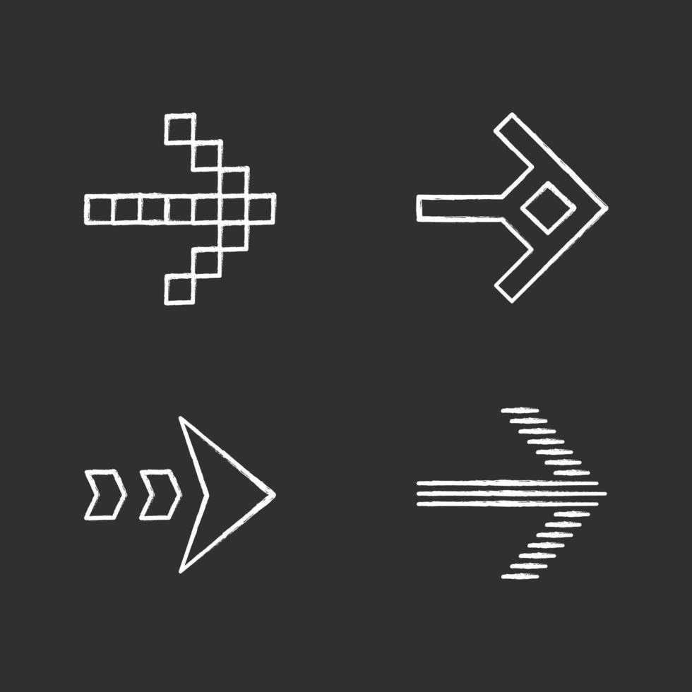 Arrow types chalk icons set. Pixel, shaped, dashed, striped next, forward arrow. Arrowhead showing right direction. Next. Pointer symbol. Navigation cursor. Isolated vector chalkboard illustrations