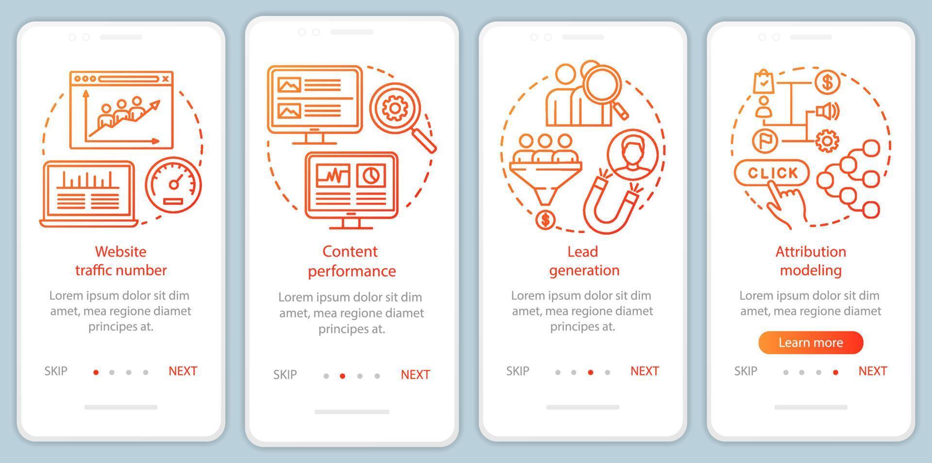 Beneficios de marketing digital Plantilla de vector de pantalla de página de aplicación móvil de incorporación naranja. paso a paso del sitio web con ilustraciones lineales. concepto de interfaz de teléfono inteligente ux, ui, gui