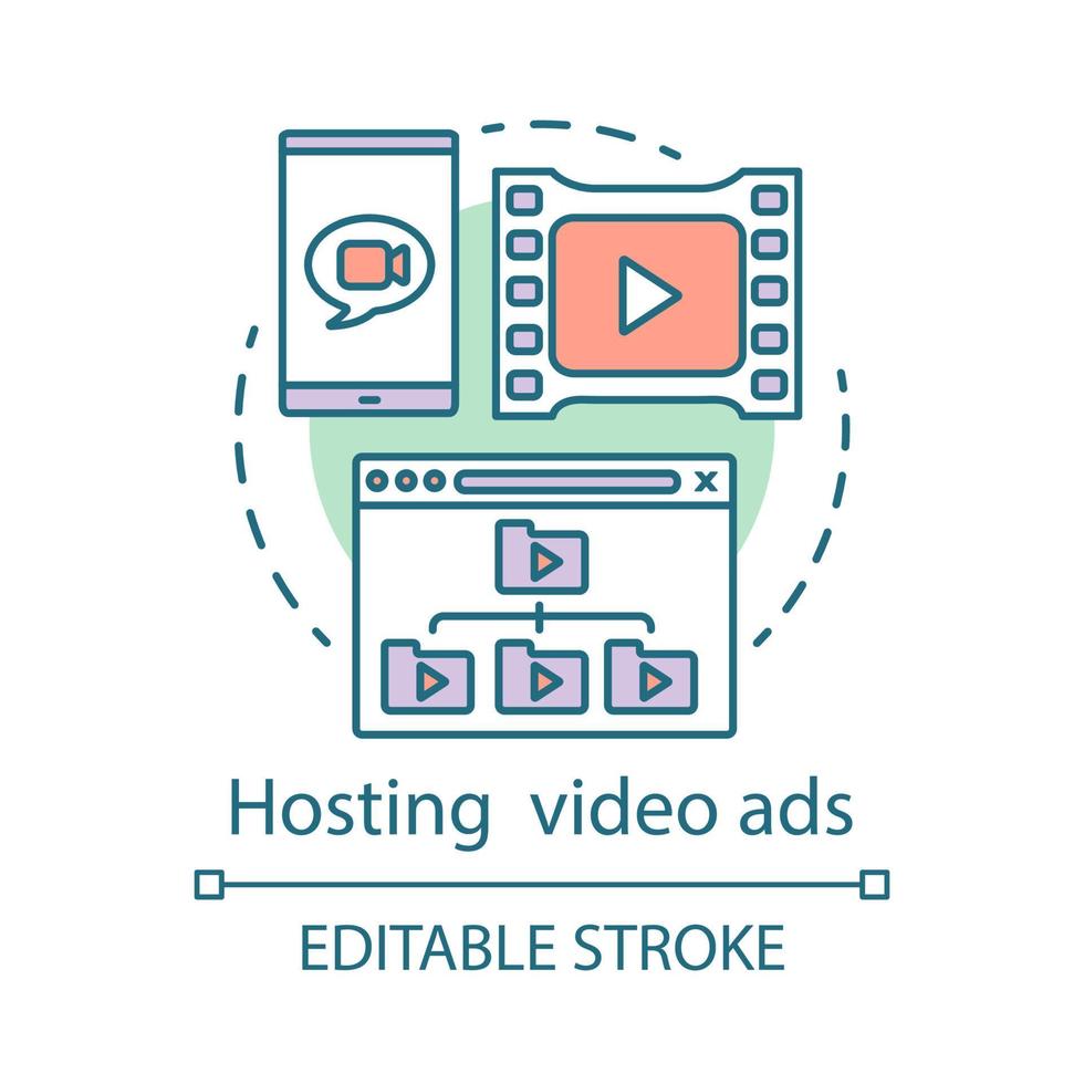 Hosting video ads concept icon. Affiliate marketing idea thin line illustration. Performance based marketing. Online video advertising, vlogging. Vector isolated outline drawing. Editable stroke