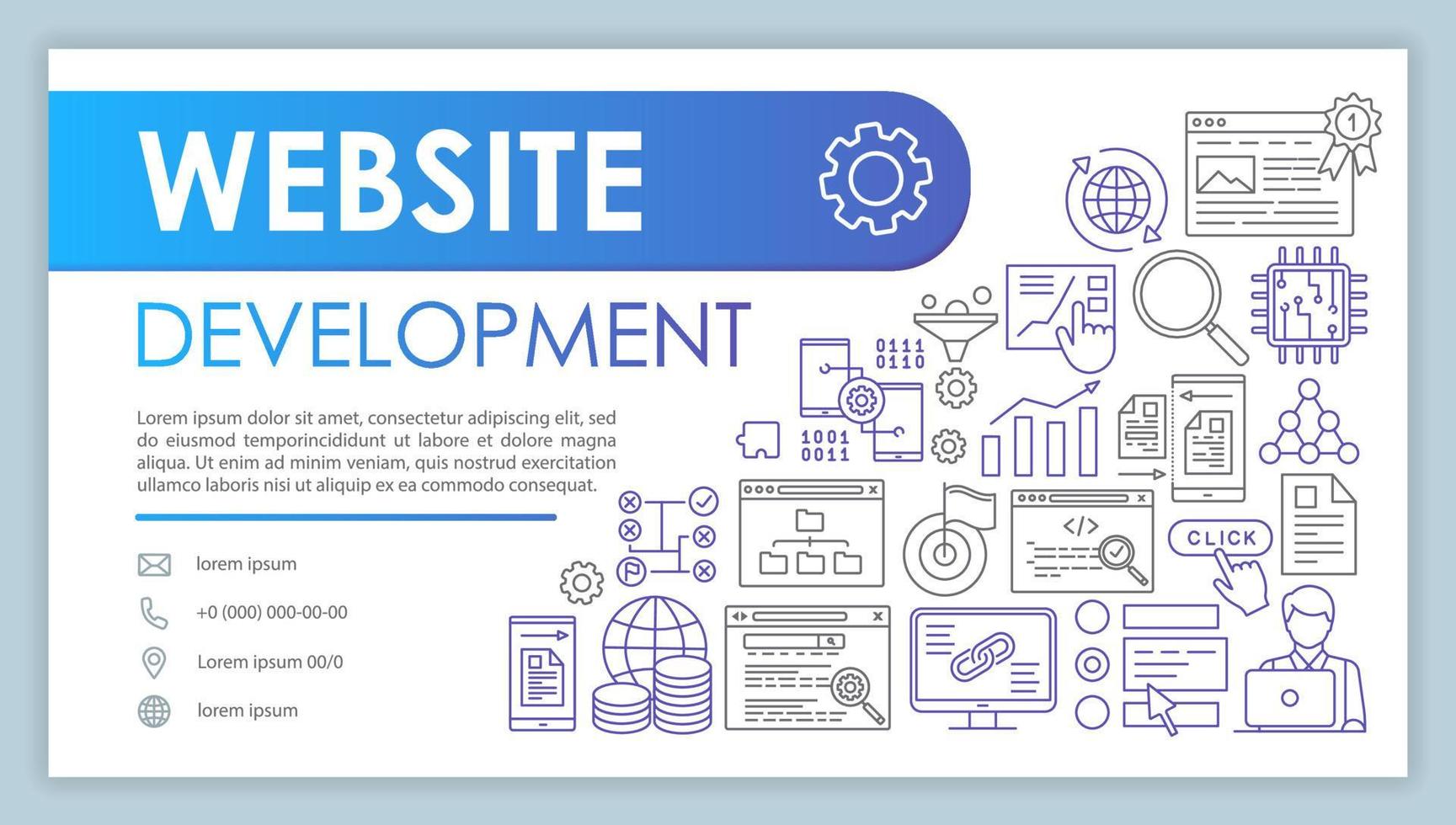 Website development banner, business card template. Programming and coding. Company contacts with phone, email linear icons. SEO, site optimization. Presentation, web page idea. Corporate print layout vector