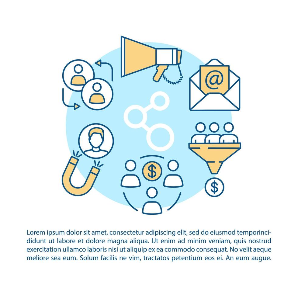 Referral marketing program article page vector template. Customer attraction. Brochure, magazine, booklet design element with linear icons and text boxes. Print design. Concept illustrations with text