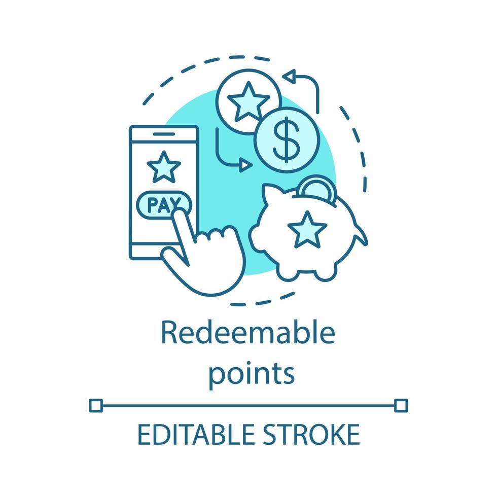 Redeemable points concept icon. Cashback, redeem bonuses idea thin line illustration. Customer loyalty program. Shopping points and money exchange. Vector isolated outline drawing. Editable stroke