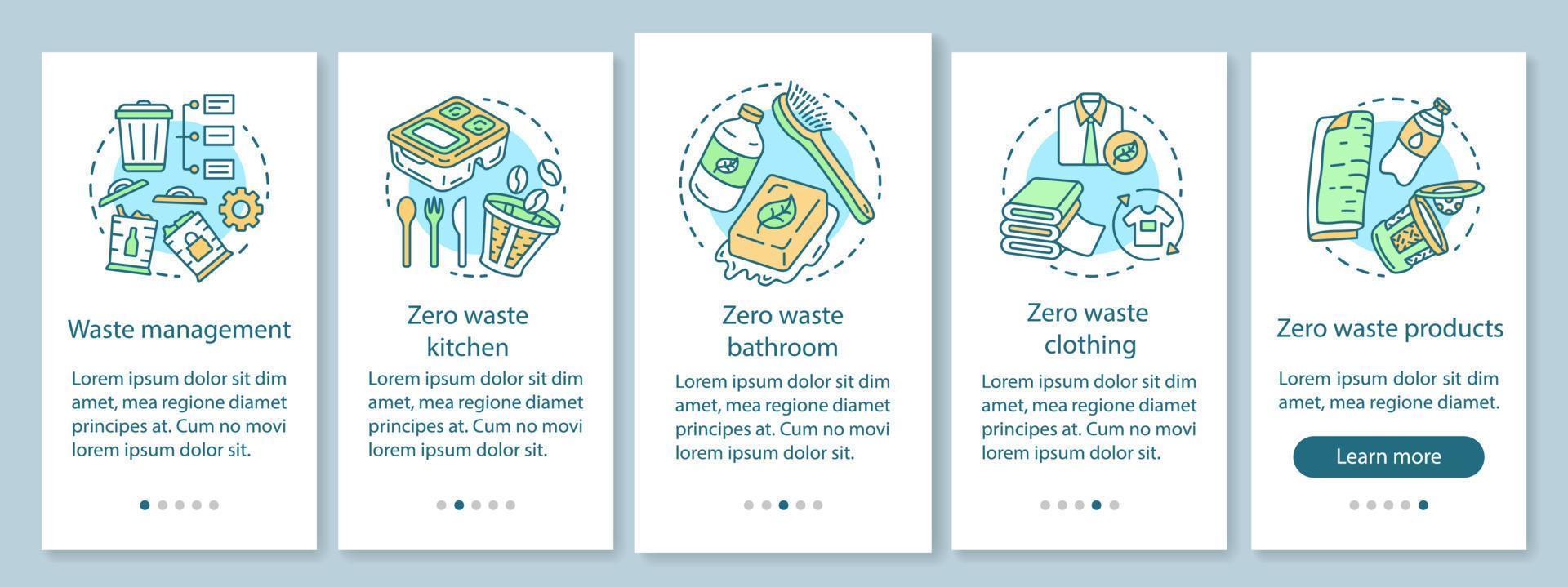 Zero waste lifestyle onboarding mobile app page screen with linear concepts. Waste management walkthrough five steps graphic instructions. UX, UI, GUI vector template with illustrations