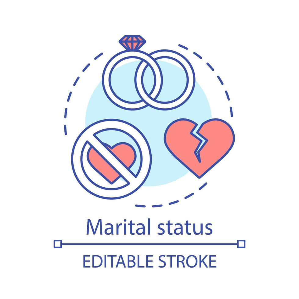 Marital status concept icon. Wedding rings, broken heart idea thin line illustration. Marriage, relationship breakup. Divorced, single, married vector isolated outline drawing. Editable stroke