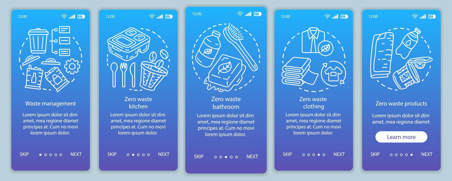Zero waste lifestyle onboarding onboarding mobile app page screen vector template. Waste management walkthrough website steps with linear illustrations. UX, UI, GUI smartphone interface concept