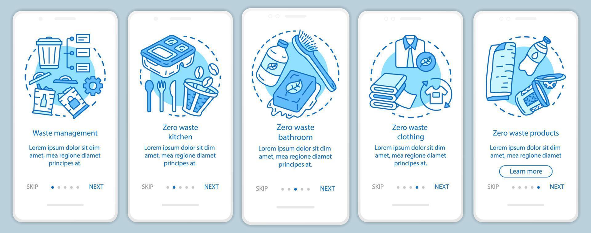 Zero waste lifestyle onboarding onboarding mobile app page screen vector template. Waste management walkthrough website steps with linear illustrations. UX, UI, GUI smartphone interface concept
