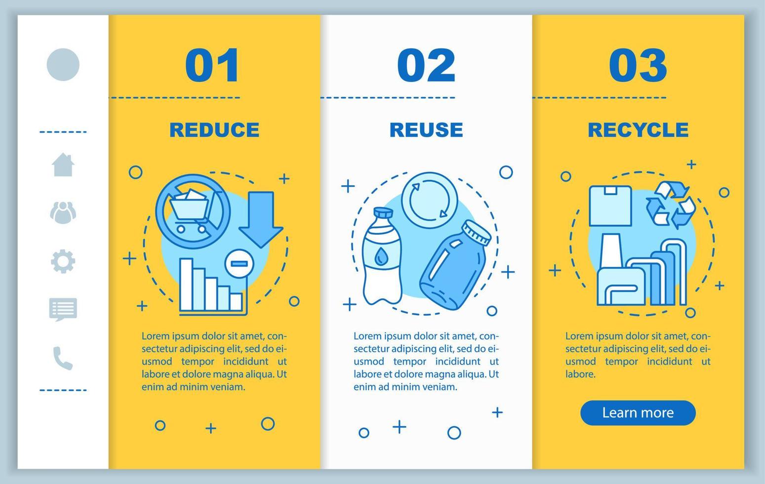 gestión de residuos onboarding plantilla de vector de páginas web móviles. Idea de interfaz de sitio web de teléfono inteligente sensible con ilustraciones lineales. tutorial de la página web pantallas de tres pasos. concepto de color