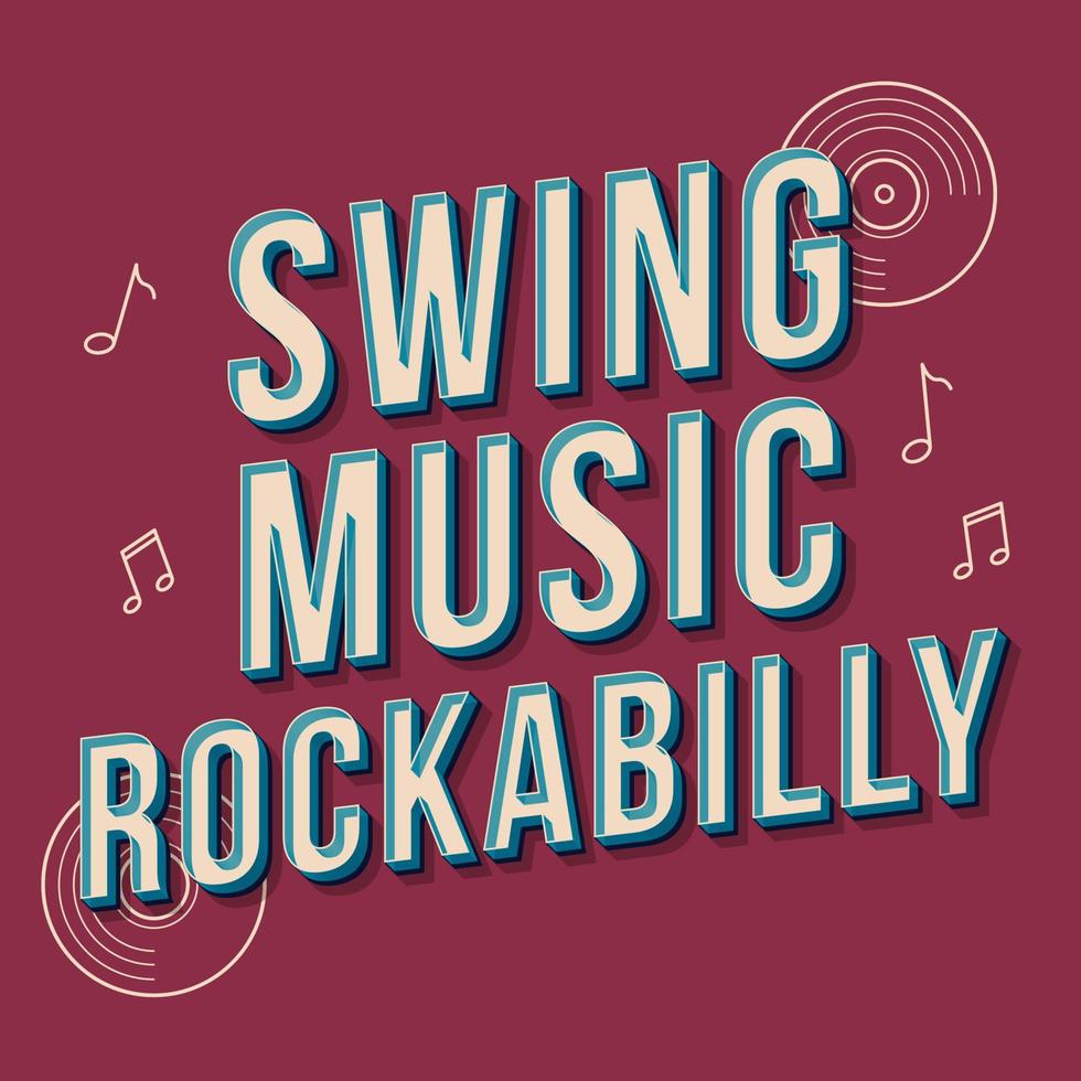 Swing music rockabilly vintage 3d vector lettering. Dance party. Retro bold font, typeface. Pop art stylized text. Old school style letters. 90s, 80s poster, banner. Plum color background