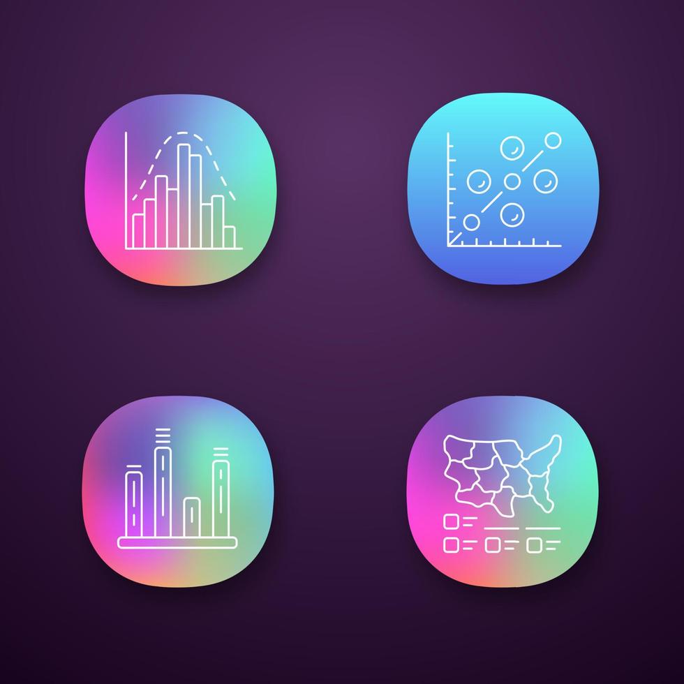 Diagrams app icons set. Histogram, bar graph, scatter plot, cartogram. Data visualization. Analytical information. UI UX user interface. Web or mobile applications. Vector isolated illustrations