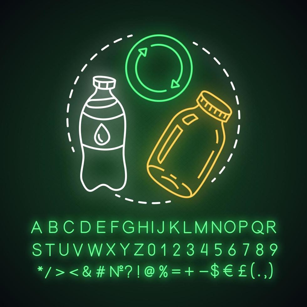 Zero waste products, recycling and reusing items neon light concept icon. Recyclable goods. Eco friendly lifestyle idea. Glowing sign with alphabet, numbers and symbols. Vector isolated illustration