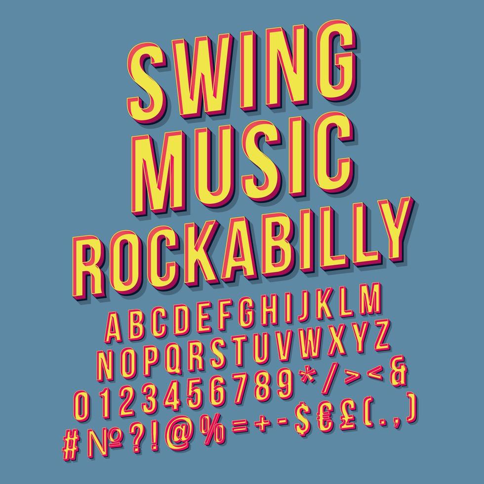 swing, música, rockabilly, vendimia, 3d, vector, letras. fuente en negrita retro, tipografía. texto estilizado del arte pop. letras de estilo de la vieja escuela, paquete de números. Cartel de los 90, 80, pancarta. fondo de color azul de la fuerza aérea vector