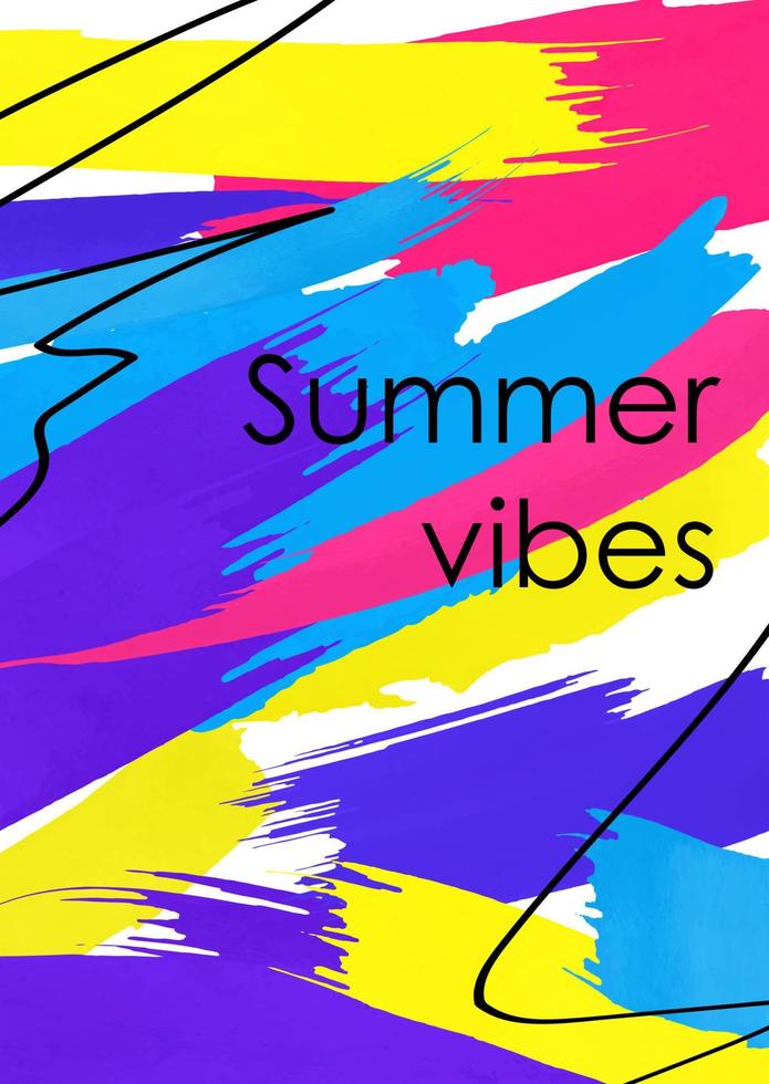 Summer vibes inscription abstract banner template. Holiday mood quote on colorful background. Freehand chaotic brush strokes with black ink lines. Vacation, weekend fun postcard, poster design layout vector