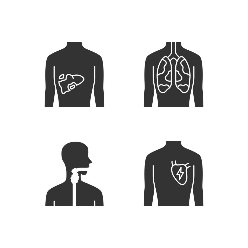 Ill human organs glyph icons set. Sore liver and lungs. Aching throat. Unhealthy heart. Sick internal body parts. Silhouette symbols. Vector isolated illustration