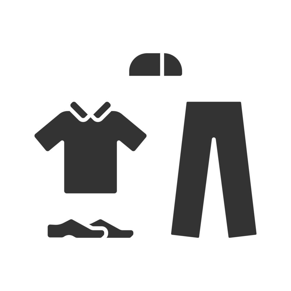 Cricket uniform glyph icon. Cricket whites. Sport flannels. Sportswear. Collared shirt, long trousers, cap, shoes. Outdoor activity. Silhouette symbol. Negative space. Vector isolated illustration