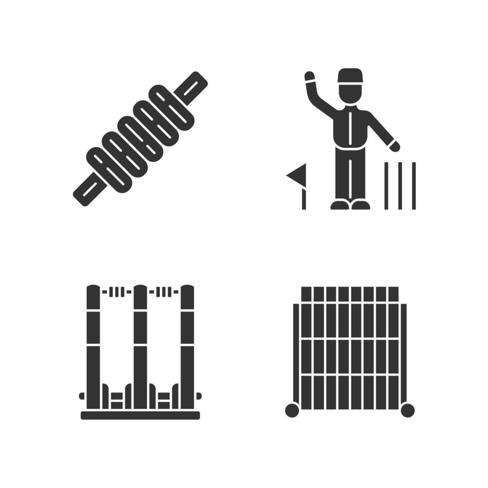 Cricket championship glyph icons set. Sport competition. Bail, stumps, sight screen, umpire. Sporting gear, judge. Club tournament. Team battle. Silhouette symbols. Vector isolated illustration