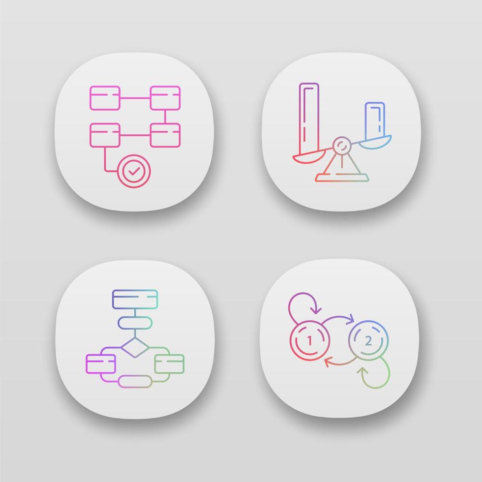 Diagram concepts app icons set. Activity, comparison, flow, state charts. Statistics data and process visualization. UI UX user interface. Web or mobile applications. Vector isolated illustrations