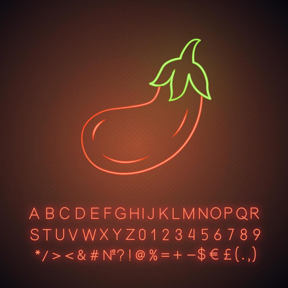 Eggplant neon light icon. Aubergine. Agriculture plant. Vegetable farm. Greenery. Vitamin. Vegan food. Salad ingredient. Glowing sign with alphabet, numbers and symbols. Vector isolated illustration