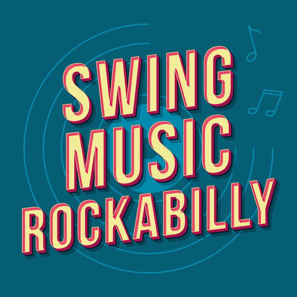 Swing music rockabilly vintage 3d vector lettering. Retro bold font, typeface. Pop art stylized text. Old school style letters. 90s, 80s poster, banner. Teal color music record background