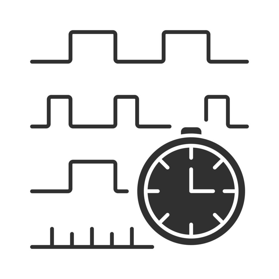 Timing diagram glyph icon. Signals set in time domain. Process chart. Timing relationships description. Digital communications. Silhouette symbol. Negative space. Vector isolated illustration