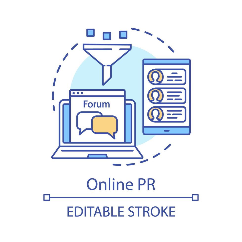 Online PR concept icon. Digital marketing strategy idea thin line illustration. Customers communication. Public relations, network. Ads strategy. Vector isolated outline drawing. Editable stroke