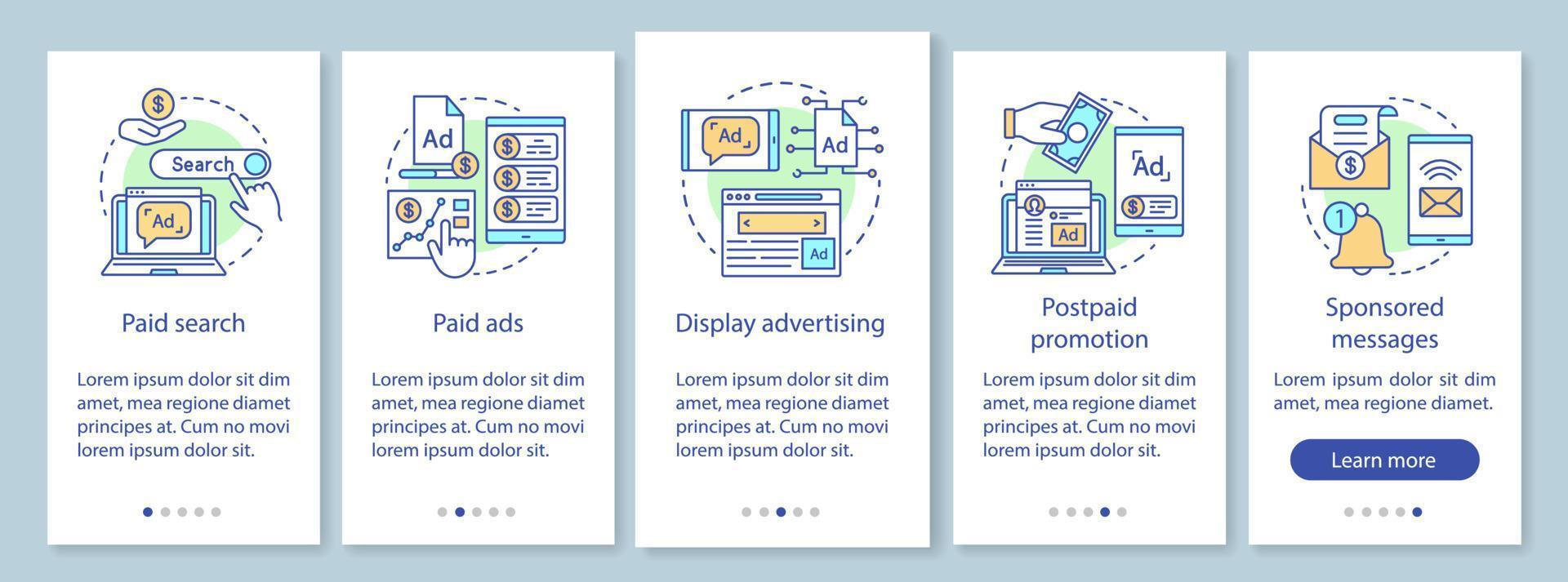 PPC channels onboarding mobile app page screen with linear concepts. Media marketing, ad networks walkthrough steps graphic instructions. UX, UI, GUI vector template with illustrations