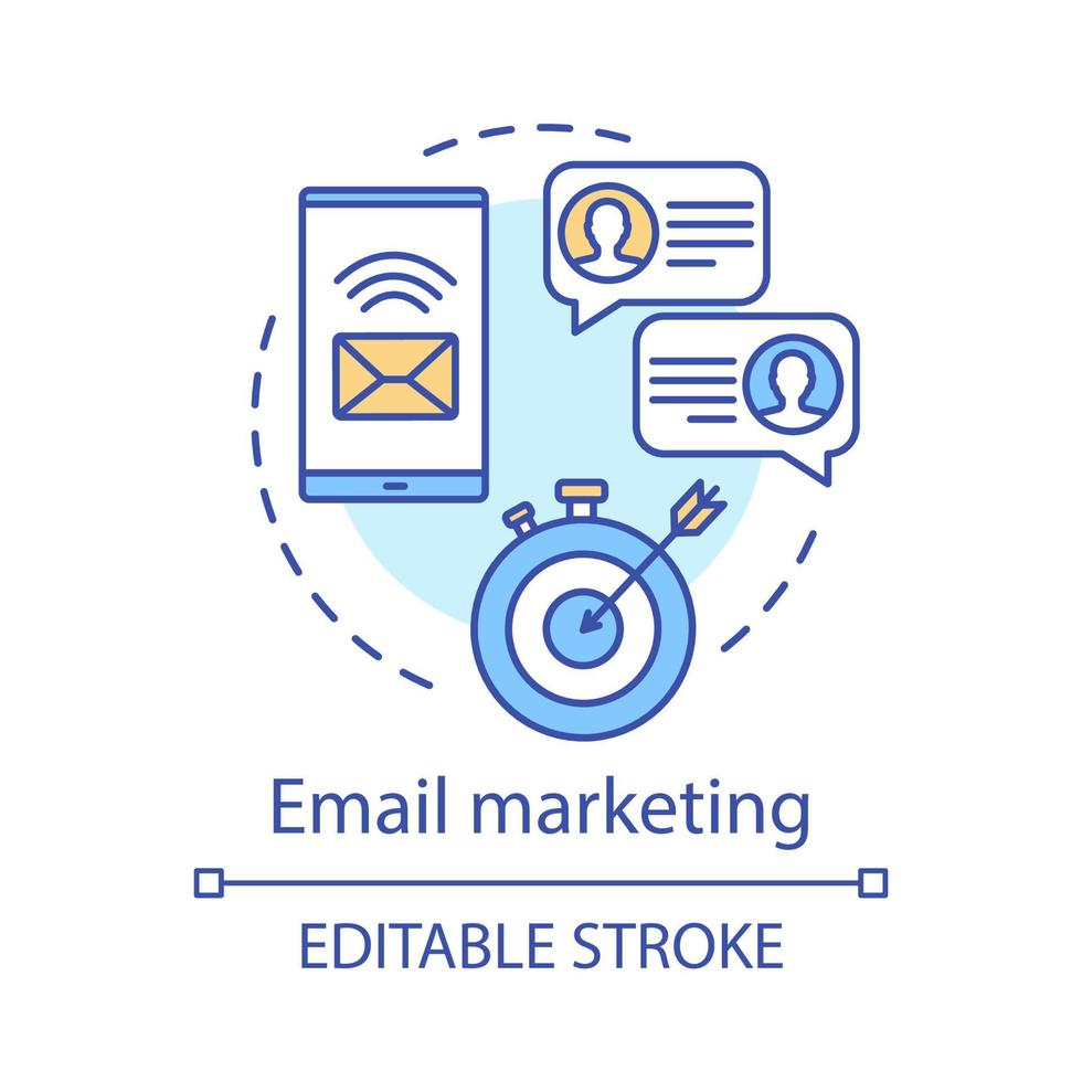 Email marketing concept icon. Digital marketing tactic idea thin line illustration. Business strategy. Emails sending. Brand promotion. Mass mailing. Vector isolated outline drawing. Editable stroke