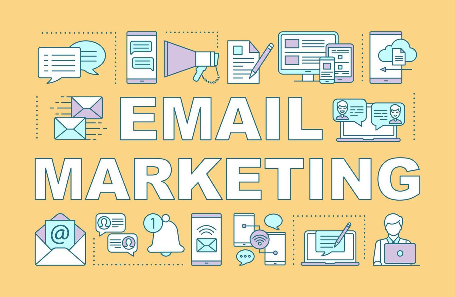 Email marketing word concepts banner. Digital marketing tactic. Business strategy. Presentation, website. Isolated lettering typography idea with linear icons. Vector outline illustration