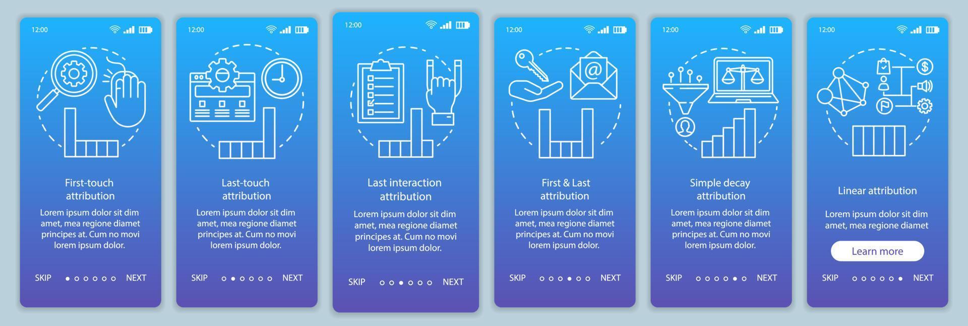 Attribution modeling types onboarding mobile app page screen vector template. Diagrams, charts walkthrough website steps with linear illustrations. UX, UI, GUI smartphone interface concept
