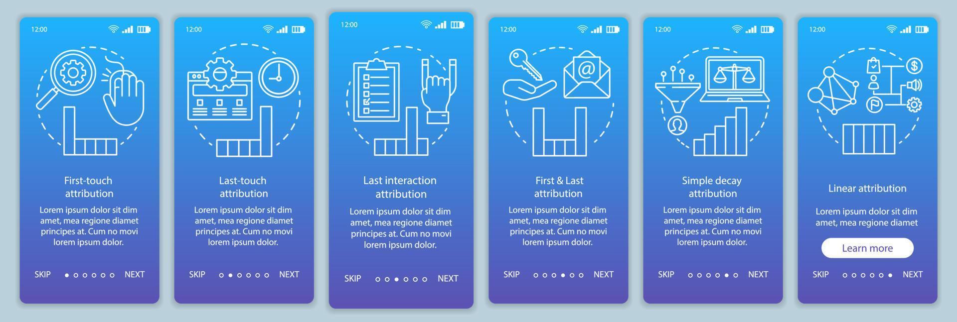 tipos de modelos de atribución incorporación de plantilla de vector de pantalla de página de aplicación móvil. diagramas, gráficos, paso a paso, pasos del sitio web con ilustraciones lineales. concepto de interfaz de teléfono inteligente ux, ui, gui