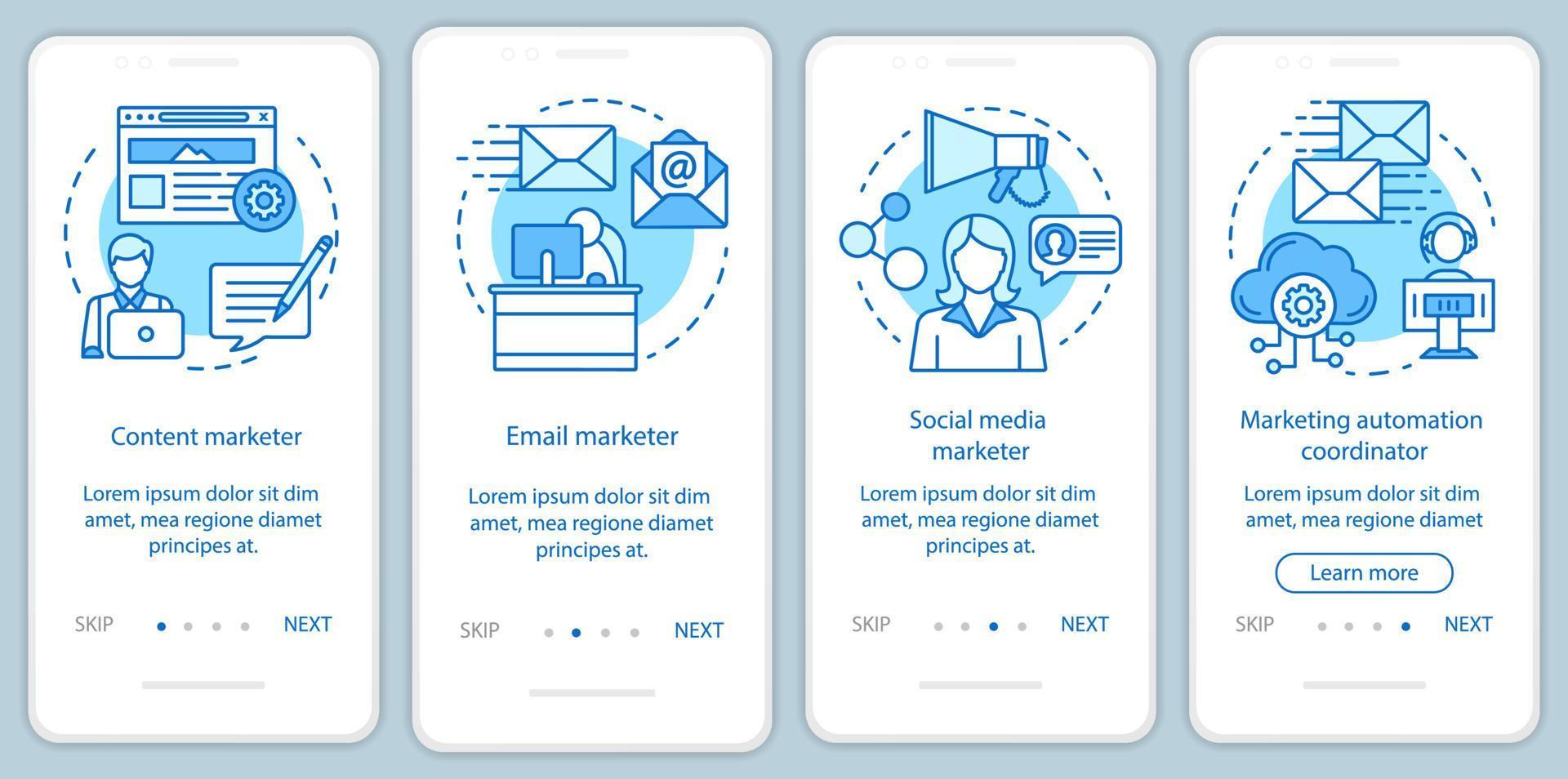 Especialidades de marketing digital Plantilla de vector de pantalla de página de aplicación móvil de incorporación azul. pasos del sitio web del tutorial de marketing de contenido con ilustraciones lineales. concepto de interfaz de teléfono inteligente ux, ui, gui