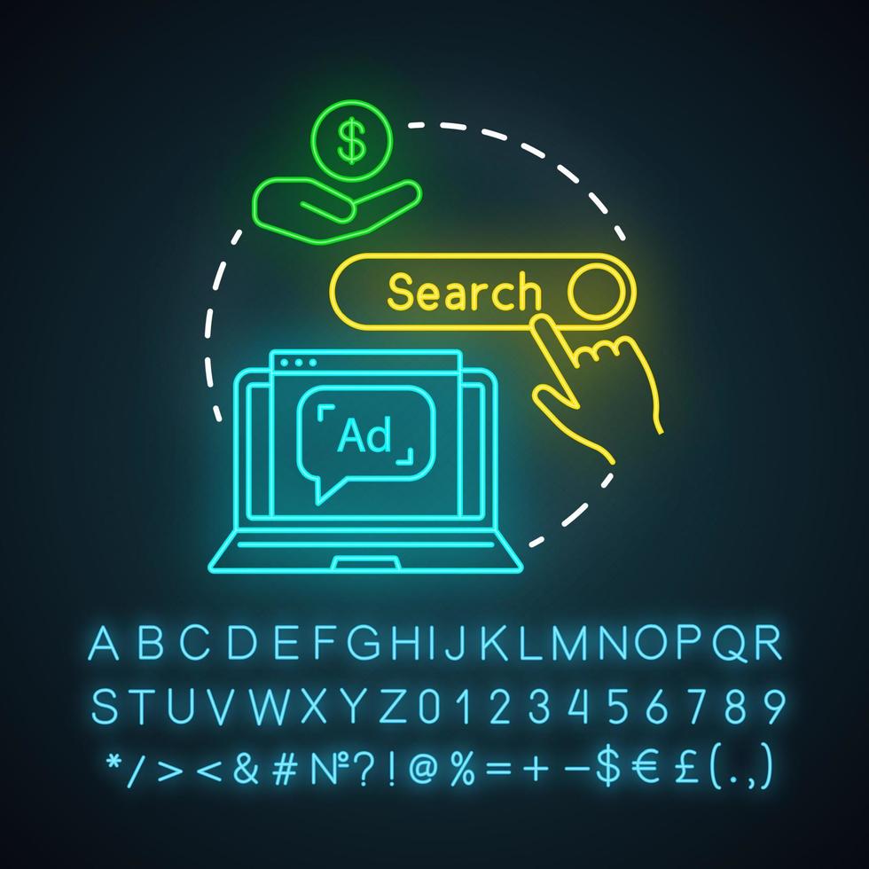 Paid search neon light icon. PPC channel. Digital marketing strategy. Pay per click model. Search engine results, sem. Glowing sign with alphabet, numbers and symbols. Vector isolated illustration