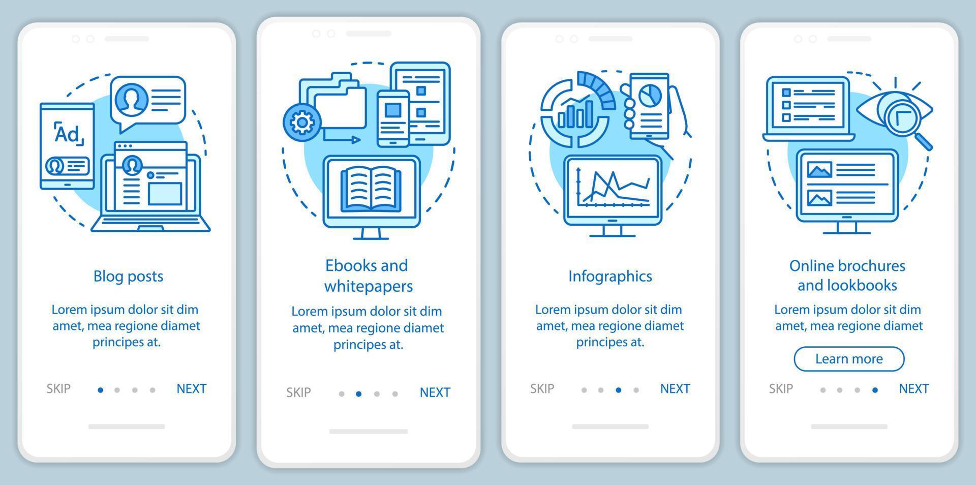 Awareness content blue onboarding mobile app page screen vector template. Blog posts, ebooks, infographics walkthrough website steps with linear illustrations. UX, UI, GUI smartphone interface concept