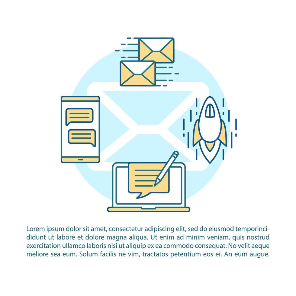 Email marketing article page vector template. Copywriting. Brochure, magazine, booklet design element with linear icons and text boxes. Print design. Concept illustrations with text space
