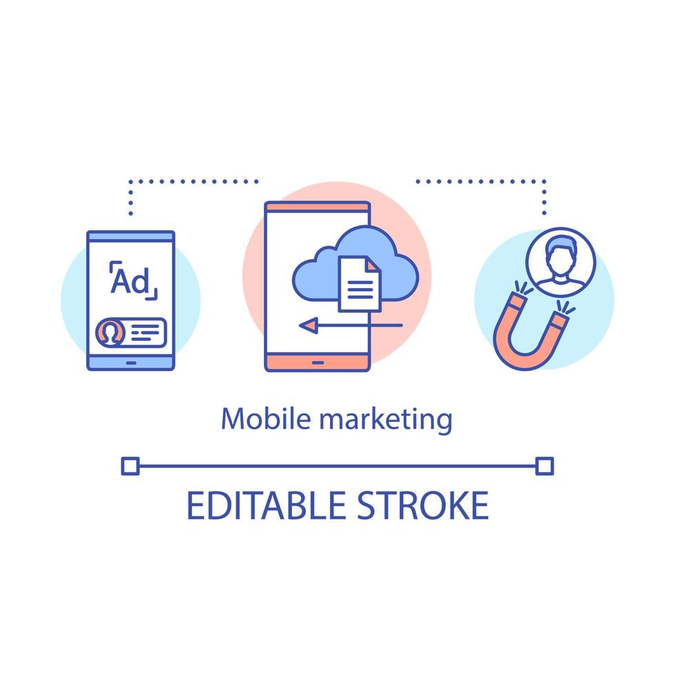 Mobile marketing concept icon. Digital marketing strategy idea thin line illustration. Target audience reaching. SMM, mass mailing. Vector isolated outline drawing. Editable stroke