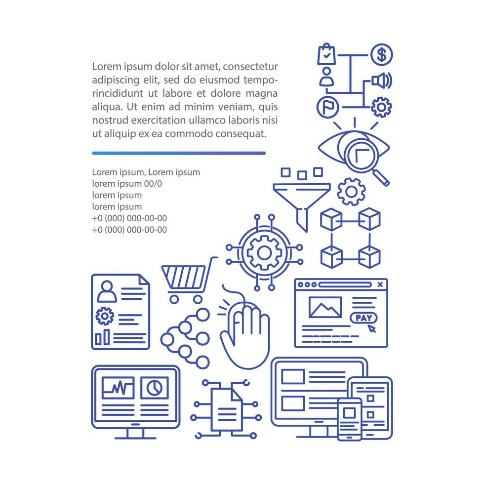 plantilla de vector de página de artículo de modelado de atribución. beneficios de marketing. folleto, revista, elemento de diseño de folleto con iconos lineales y cuadros de texto. diseño de impresión. ilustraciones de concepto con espacio de texto