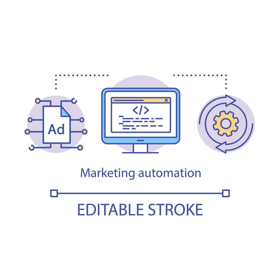 icono del concepto de automatización de marketing. Ilustración de línea fina de idea de táctica de marketing digital. plataforma tecnológica. optimización web, organización seo. dibujo de contorno aislado vectorial. trazo editable vector